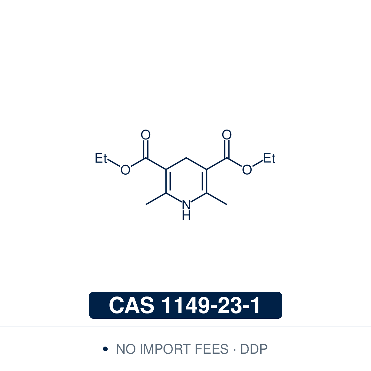 Chemical structure of Hantzsch ester (diethyl 1,4-dihydro-2,6-dimethylpyridine-3,5-dicarboxylate), CAS 1149-23-1, ≥97% — a bench-stable 1,4-dihydropyridine (C13H19NO4), the biomimetic NADH-type organic hydride donor. Its C4 hydride reduces imines, activated alkenes and carbonyls; paired with a chiral phosphoric acid it enables enantioselective transfer hydrogenation, and in visible-light photoredox it is an electron and hydrogen-atom donor for radical reactions. Supplied by NorrChemica with DDP shipping. 