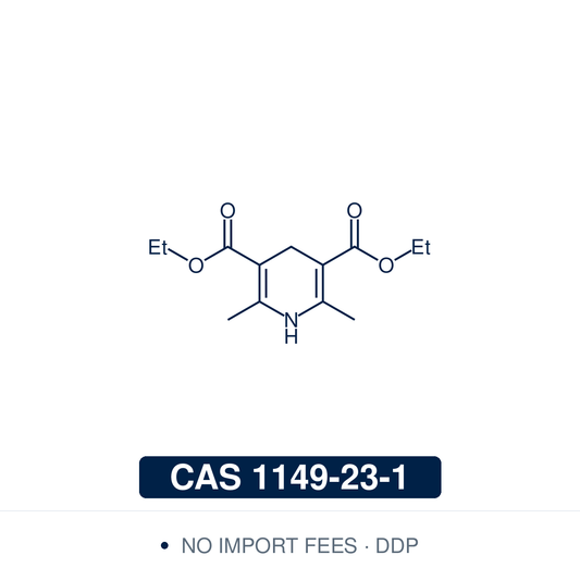 Chemical structure of Hantzsch ester (diethyl 1,4-dihydro-2,6-dimethylpyridine-3,5-dicarboxylate), CAS 1149-23-1, ≥97% — a bench-stable 1,4-dihydropyridine (C13H19NO4), the biomimetic NADH-type organic hydride donor. Its C4 hydride reduces imines, activated alkenes and carbonyls; paired with a chiral phosphoric acid it enables enantioselective transfer hydrogenation, and in visible-light photoredox it is an electron and hydrogen-atom donor for radical reactions. Supplied by NorrChemica with DDP shipping. 