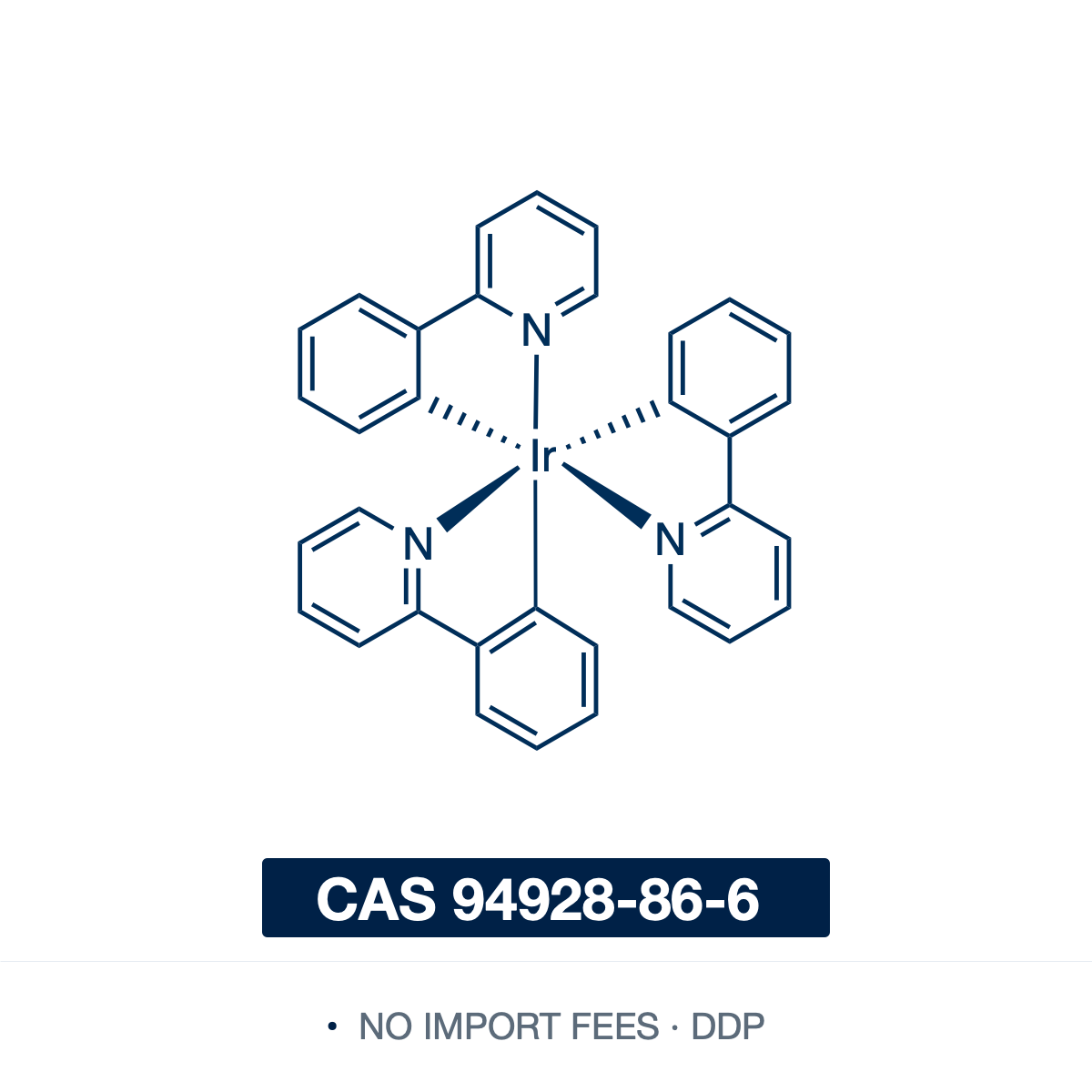 Chemical structure of Ir(ppy)3 (fac-tris(2-phenylpyridine)iridium(III)), CAS 94928-86-6, ≥98% — a neutral homoleptic iridium(III) complex (C33H24IrN3) with three cyclometalating 2-phenylpyridine ligands in a facial arrangement, a yellow-green solid. Both a benchmark green phosphorescent OLED emitter with near-unity quantum yield and a visible-light photoredox catalyst, its strongly reducing excited state generates carbon radicals from alkyl, alkenyl and aryl iodides. Supplied by NorrChemica with DDP