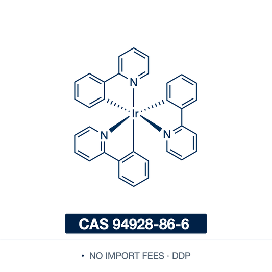 Chemical structure of Ir(ppy)3 (fac-tris(2-phenylpyridine)iridium(III)), CAS 94928-86-6, ≥98% — a neutral homoleptic iridium(III) complex (C33H24IrN3) with three cyclometalating 2-phenylpyridine ligands in a facial arrangement, a yellow-green solid. Both a benchmark green phosphorescent OLED emitter with near-unity quantum yield and a visible-light photoredox catalyst, its strongly reducing excited state generates carbon radicals from alkyl, alkenyl and aryl iodides. Supplied by NorrChemica with DDP