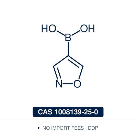 Chemical structure of Isoxazol-4-ylboronic Acid, CAS 1008139-25-0, ≥98% — heteroaromatic isoxazole-4-boronic acid used in Pd-catalysed Suzuki-Miyaura coupling, Cu Chan-Lam C–N/C–O coupling, Rh/Ni conjugate additions, and photoredox arylation in pharma/materials synthesis, providing access to 4-substituted isoxazoles as privileged scaffolds in medicinal chemistry, agrochemical research, and bioisostere design. Supplied by NorrChemica with DDP shipping. CoA and SDS provided.