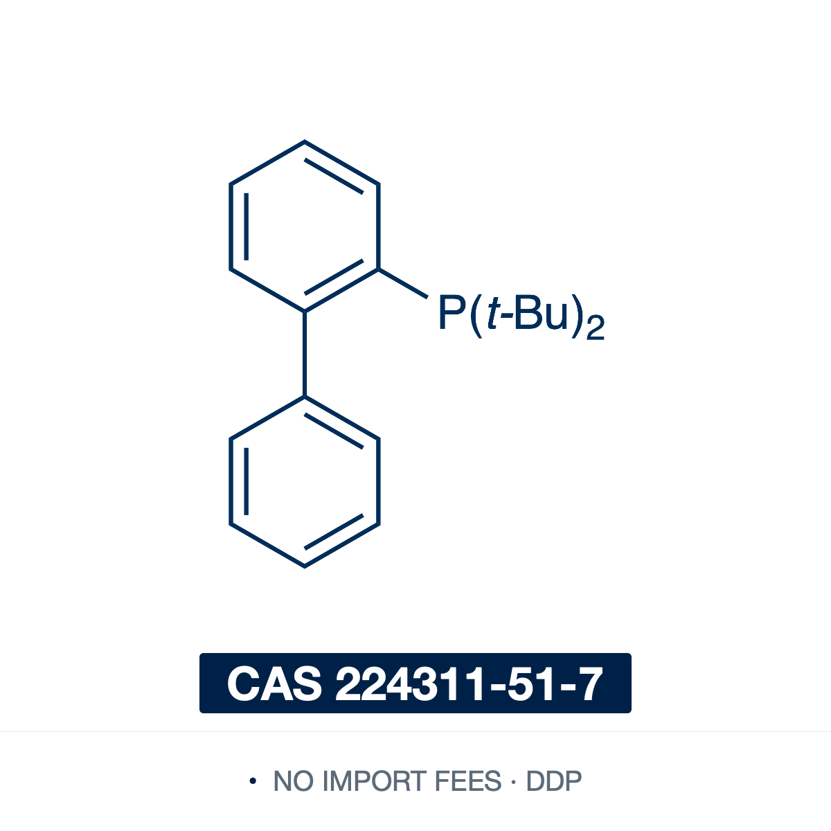 Chemical structure of JohnPhos (2-(di-tert-butylphosphino)biphenyl), CAS 224311-51-7, ≥97% — bulky, electron-rich monodentate dialkylbiaryl (Buchwald) phosphine ligand (C20H27P), a di-tert-butylphosphino group at the 2-position of a biphenyl scaffold. Its sigma-donation and steric bulk stabilise reactive monoligated palladium, giving highly active catalysts for Buchwald-Hartwig amination and Suzuki coupling of aryl chlorides; also a gold(I) catalysis ligand. Supplied by NorrChemica with DDP shipping.