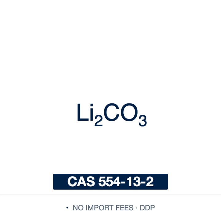 Chemical structure of Lithium Carbonate (Li₂CO₃), CAS 554-13-2, ≥99% — mild inorganic base and lithium source for organic synthesis, stable in air and non-deliquescent, with water solubility that decreases as temperature rises. Supplied by NorrChemica with DDP shipping. CoA and SDS provided.