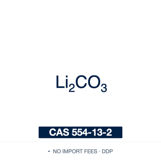 Chemical structure of Lithium Carbonate (Li₂CO₃), CAS 554-13-2, ≥99% — mild inorganic base and lithium source for organic synthesis, stable in air and non-deliquescent, with water solubility that decreases as temperature rises. Supplied by NorrChemica with DDP shipping. CoA and SDS provided.