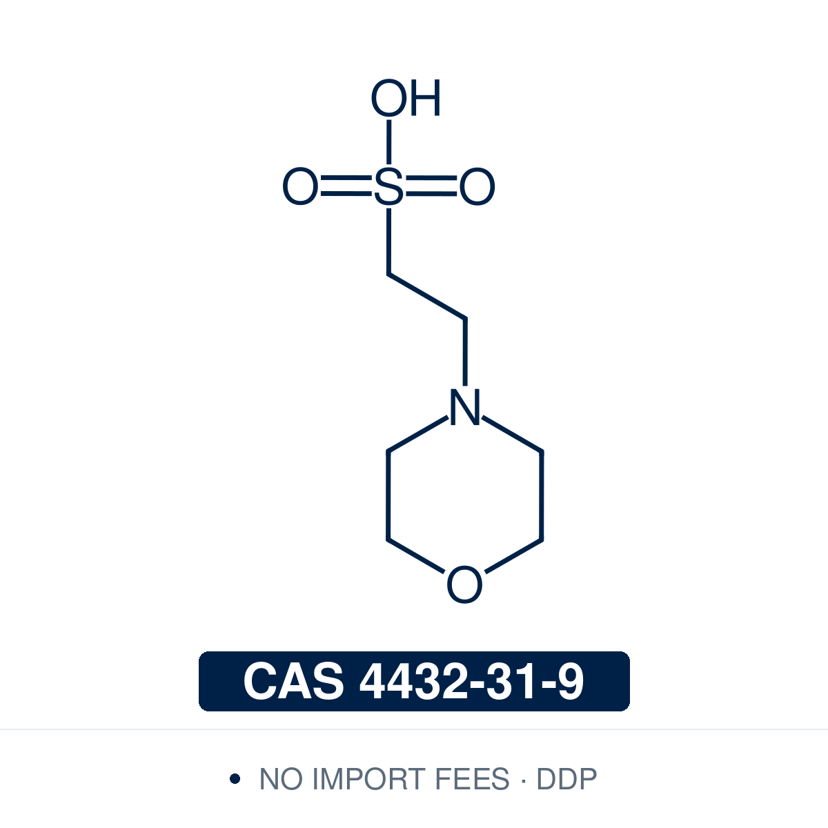 Chemical structure of MES (2-(N-Morpholino)ethanesulfonic acid), CAS 4432-31-9, certified ≥98.0% — zwitterionic Good’s buffer with pKa 6.1 widely used in cell culture, electrophoresis, and protein purification at slightly acidic pH. Supplied by NorrChemica with DDP shipping. CoA and SDS provided.