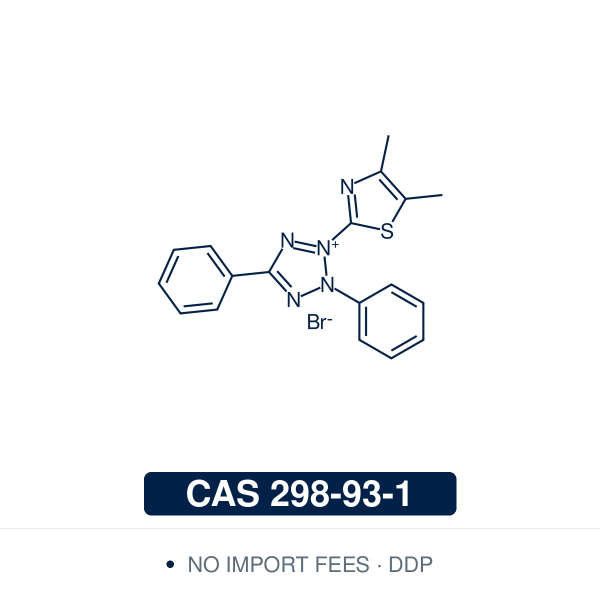 Chemical structure of Thiazolyl Blue Tetrazolium Bromide (MTT, C₁₈H₁₆BrN₅S), CAS 298-93-1, ≥98% — a tetrazolium salt used in colorimetric assays of mammalian cell survival, proliferation and cytotoxicity. The assay detects living but not dead cells, and the result is read on a multiwell spectrophotometer (ELISA reader). Supplied by NorrChemica with DDP shipping. CoA and SDS provided.