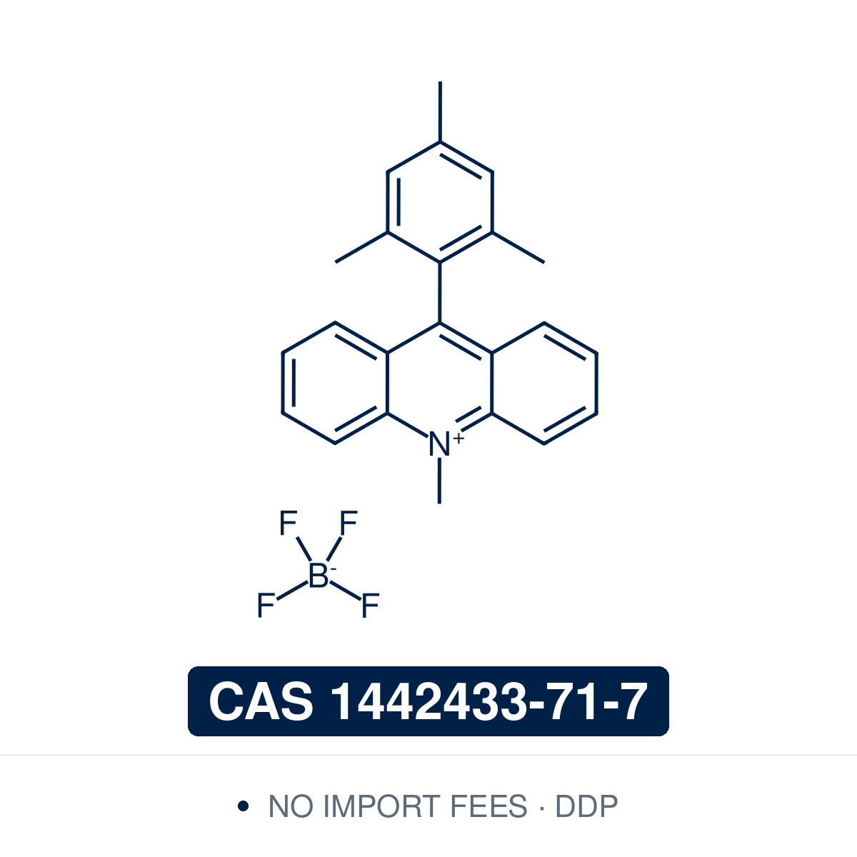 Chemical structure of 9-Mesityl-10-methylacridinium tetrafluoroborate (Mes-Acr-Me BF4), CAS 1442433-71-7, ≥97% — an organic, metal-free photoredox catalyst (C23H22BF4N): a 10-methylacridinium cation bearing a 9-mesityl (2,4,6-trimethylphenyl) group. On visible-light excitation it reaches a strongly oxidizing excited state for single-electron photooxidation. Popularized by Nicewicz, it drives anti-Markovnikov hydroamination and carboxylic-acid addition to alkenes. Supplied by NorrChemica with DDP shipping.