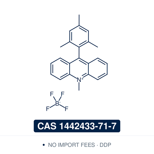 Chemical structure of 9-Mesityl-10-methylacridinium tetrafluoroborate (Mes-Acr-Me BF4), CAS 1442433-71-7, ≥97% — an organic, metal-free photoredox catalyst (C23H22BF4N): a 10-methylacridinium cation bearing a 9-mesityl (2,4,6-trimethylphenyl) group. On visible-light excitation it reaches a strongly oxidizing excited state for single-electron photooxidation. Popularized by Nicewicz, it drives anti-Markovnikov hydroamination and carboxylic-acid addition to alkenes. Supplied by NorrChemica with DDP shipping.