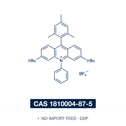 Chemical structure of Mes-tBu-Acr-BF₄, CAS 1810004-87-5, ≥97% — 3,6-di-tert-butyl-9-mesityl-10-phenylacridinium tetrafluoroborate, a metal-free acridinium visible-light photoredox catalyst with strong excited-state oxidizing power and high stability, for site-selective C–H amination of arenes with azoles, direct amination to anilines, and late-stage C–H functionalization. Supplied by NorrChemica with DDP shipping. CoA and SDS provided.