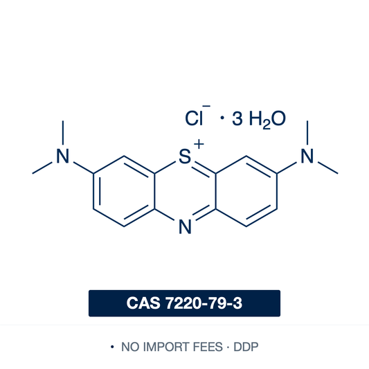 Chemical structure of Methylene Blue trihydrate, CAS 7220-79-3, ≥99.5% — cationic phenothiazinium (thiazine) dye and redox indicator widely used as a biological and histological stain, electron-transfer mediator, and photosensitiser in microscopy, redox titrations, and photochemistry. Supplied by NorrChemica with DDP shipping. CoA and SDS provided.