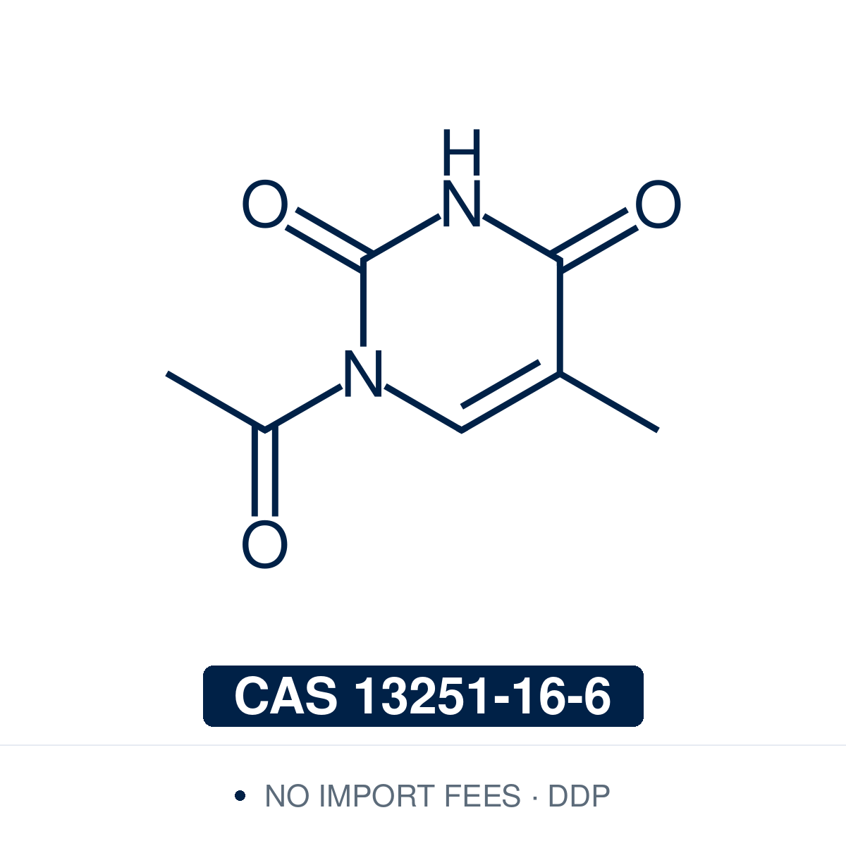 Chemical structure of N1-Acetylthymine, CAS 13251-16-6, ≥99% — N1-acylated thymine derivative used as a protected nucleobase building block in oligonucleotide synthesis, regioselective N1 vs N3 functionalization studies, and as a synthetic intermediate in nucleoside chemistry. Supplied by NorrChemica with DDP shipping. CoA and SDS provided.