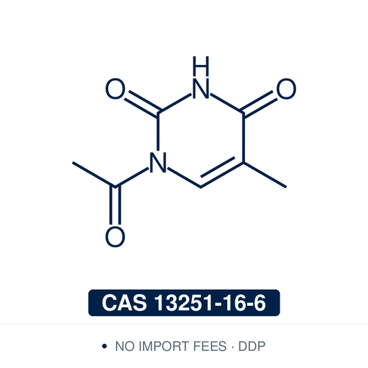 Chemical structure of N1-Acetylthymine, CAS 13251-16-6, ≥99% — N1-acylated thymine derivative used as a protected nucleobase building block in oligonucleotide synthesis, regioselective N1 vs N3 functionalization studies, and as a synthetic intermediate in nucleoside chemistry. Supplied by NorrChemica with DDP shipping. CoA and SDS provided.