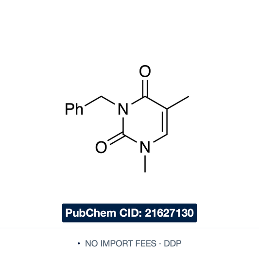 Chemical structure of N1-Methyl-N3-Benzylthymine, PubChem CID 21627130, ≥98% — doubly N-substituted thymine derivative used in nucleobase chemistry and chemoselective N-alkylation methodology research. Supplied by NorrChemica with DDP shipping. CoA 