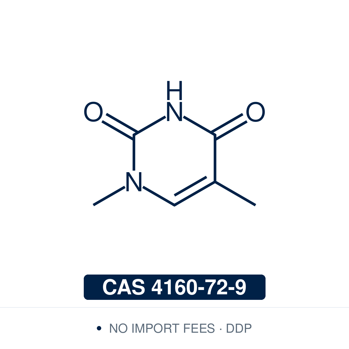 Chemical structure of N1-Methylthymine, CAS 4160-72-9, ≥95% — N1-methylated thymine derivative used in nucleobase chemistry and as a precursor for selective N3-functionalisation of the pyrimidine-2,4-dione ring. Supplied by NorrChemica with DDP shipping. CoA and SDS provided.provided.