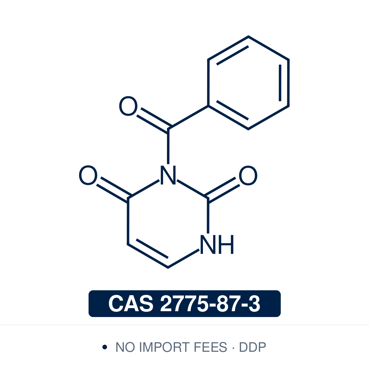 Chemical structure of N3-Benzoyluracil (3-benzoyluracil), CAS 2775-87-3, 98% — N3-benzoyl-protected uracil, a base-labile building block for nucleoside and oligonucleotide synthesis. Supplied by NorrChemica with DDP shipping. CoA and SDS provided.