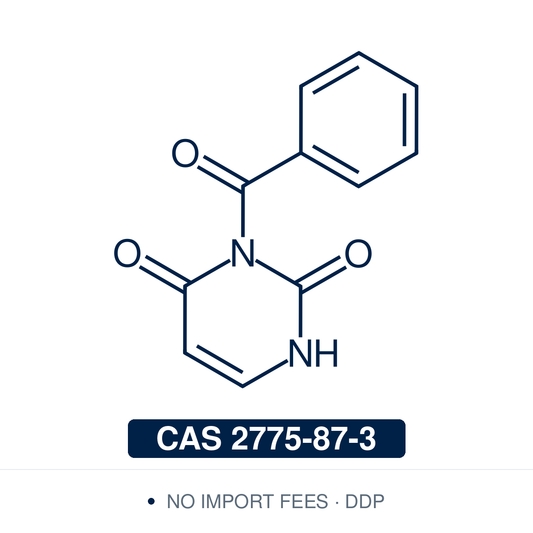 Chemical structure of N3-Benzoyluracil (3-benzoyluracil), CAS 2775-87-3, 98% — N3-benzoyl-protected uracil, a base-labile building block for nucleoside and oligonucleotide synthesis. Supplied by NorrChemica with DDP shipping. CoA and SDS provided.