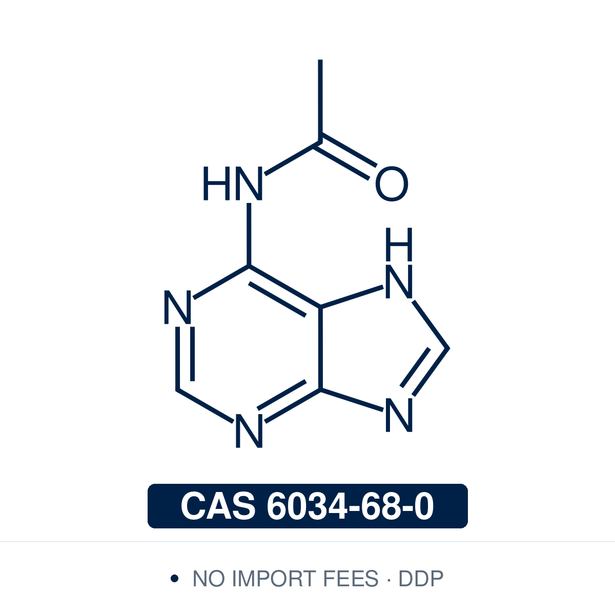 Chemical structure of N6-Acetyladenine (N-(9H-purin-6-yl)acetamide; 6-acetamidopurine), CAS 6034-68-0, 98% — N6-acyl-protected adenine derivative with the exocyclic 6-amino group masked as an acetamide (C7H7N5O). Used as a protected adenine building block and reference compound in nucleoside and oligonucleotide synthesis, where N6-acyl protection improves chemoselectivity in purine glycosylation and alkylation; the acetyl is more base-labile than benzoyl. Supplied by NorrChemica with DDP shipping. CoA & SDS