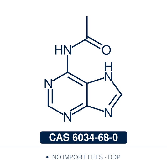 Chemical structure of N6-Acetyladenine (N-(9H-purin-6-yl)acetamide; 6-acetamidopurine), CAS 6034-68-0, 98% — N6-acyl-protected adenine derivative with the exocyclic 6-amino group masked as an acetamide (C7H7N5O). Used as a protected adenine building block and reference compound in nucleoside and oligonucleotide synthesis, where N6-acyl protection improves chemoselectivity in purine glycosylation and alkylation; the acetyl is more base-labile than benzoyl. Supplied by NorrChemica with DDP shipping. CoA & SDS