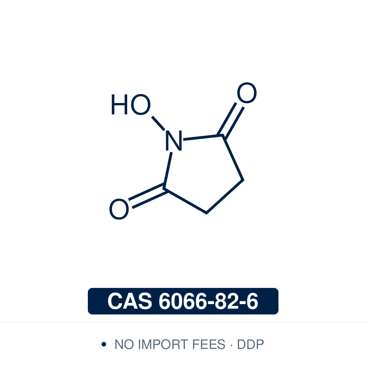 Chemical structure of NHS, CAS 6066-82-6, ≥98% — N-hydroxysuccinimide bioconjugation and peptide coupling additive used with carbodiimides (DIC, DCC, EDC) to form isolable NHS-ester intermediates for amide bond formation, antibody and protein labeling, surface functionalization in biosensor chemistry, crosslinking, chemoproteomic probe synthesis, and bioconjugation in chemical biology and materials research. Supplied by NorrChemica with DDP shipping. CoA and SDS provided.