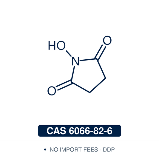 Chemical structure of NHS, CAS 6066-82-6, ≥98% — N-hydroxysuccinimide bioconjugation and peptide coupling additive used with carbodiimides (DIC, DCC, EDC) to form isolable NHS-ester intermediates for amide bond formation, antibody and protein labeling, surface functionalization in biosensor chemistry, crosslinking, chemoproteomic probe synthesis, and bioconjugation in chemical biology and materials research. Supplied by NorrChemica with DDP shipping. CoA and SDS provided.