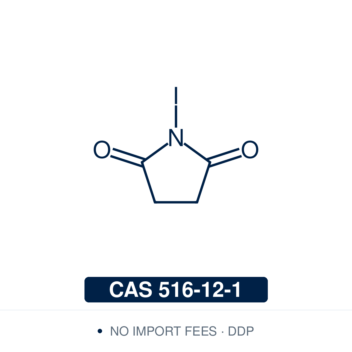 Chemical structure of NIS (N-iodosuccinimide, 1-iodopyrrolidine-2,5-dione), CAS 516-12-1, ≥98% — electrophilic iodine source (C4H4INO2) in which the two flanking carbonyls make succinimide a good leaving group, so the N-I bond delivers iodine as I+ under mild conditions. Used for alkene iodofunctionalisation, aromatic and heteroaromatic iodination, thio- and selenoglycoside activation in glycosylation, and alpha-iodination of carbonyls. Supplied by NorrChemica with DDP shipping. CoA and SDS provided.