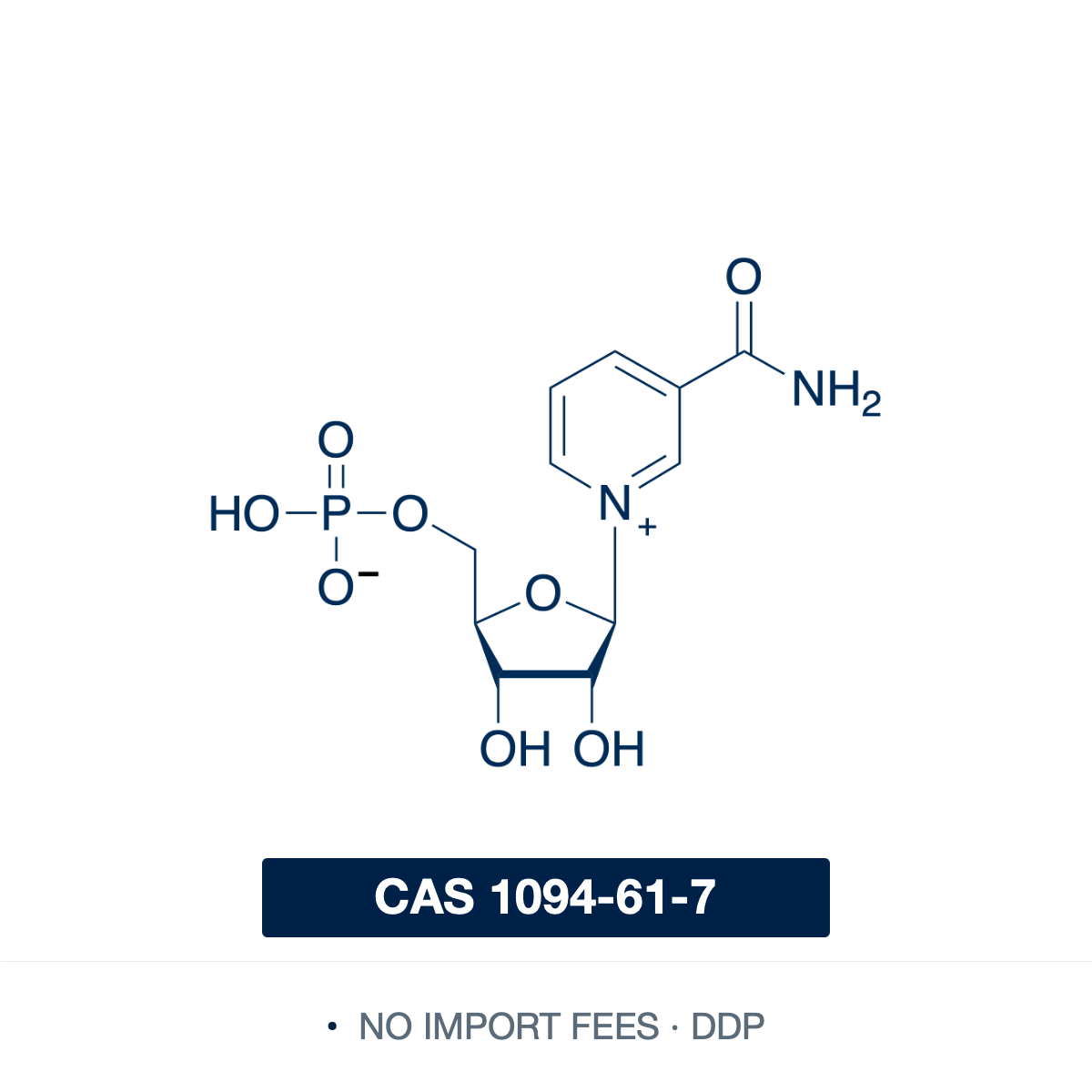 Chemical structure of β-Nicotinamide mononucleotide with purity and CAS number information, 1094-61-7, ≥99.0%. Supplied by NorrChemica with DDP shipping. CoA and SDS provided.
