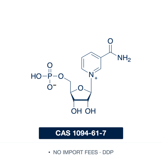 Chemical structure of β-Nicotinamide mononucleotide with purity and CAS number information, 1094-61-7, ≥99.0%. Supplied by NorrChemica with DDP shipping. CoA and SDS provided.