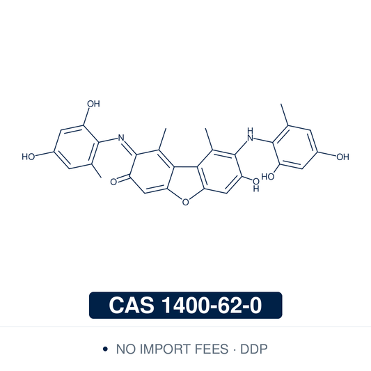 Chemical structure of Orcein (Synthetic), CAS 1400-62-0, E1%1cm ≥300 (579–583 nm, MeOH) — phenoxazone-class histological dye (C.I. Natural Red 28) and reproducible synthetic equivalent of natural lichen-derived orcein used as a research-grade vital stain for elastic fibres in cardiovascular and pulmonary histology, aceto-orcein chromosome staining in plant cytogenetics, hepatic copper-binding protein research, and connective tissue methodology. Supplied by NorrChemica with DDP shipping. CoA and SDS.