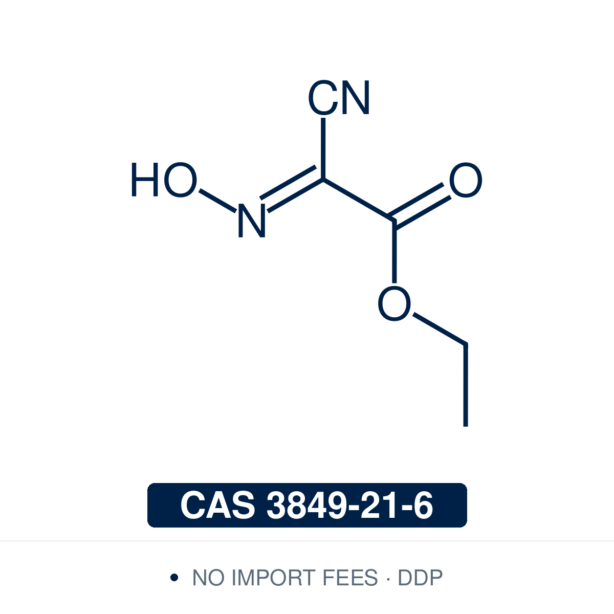 Chemical structure of Oxyma, CAS 3849-21-6, ≥95% — ethyl 2-cyano-2-(hydroxyimino)acetate peptide coupling additive used as a non-explosive HOBt/HOAt replacement for racemization suppression and active ester formation in solid-phase peptide synthesis (SPPS), commonly paired with DIC, COMU, HBTU, or HATU activators in solution-phase peptide chemistry, bioconjugation, and macrocyclization. Supplied by NorrChemica with DDP shipping. CoA and SDS provided.