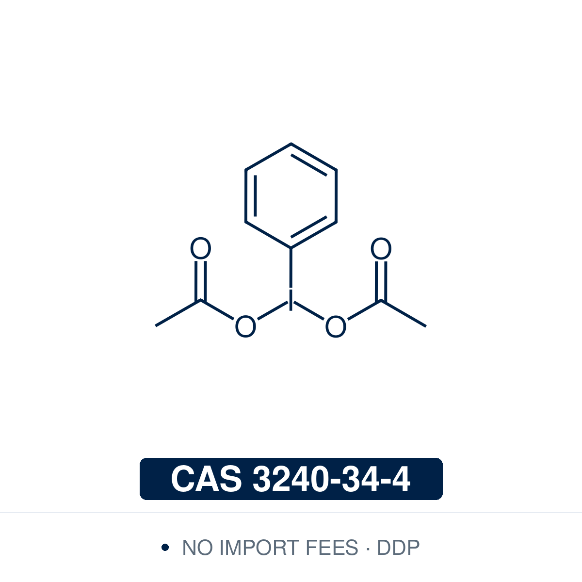 Chemical structure of PIDA ((diacetoxyiodo)benzene, phenyliodine(III) diacetate), CAS 3240-34-4, ≥97% — hypervalent λ³-iodane (C10H11IO4, 322.10) bearing two acetoxy groups on iodine. Used as a mild oxidant for alcohol and phenol oxidation, Hofmann-type rearrangements, α-functionalisation of ketones, and as the terminal oxidant in C–H amination and iodine(III) catalysis. Supplied by NorrChemica with DDP shipping. CoA and SDS provided.