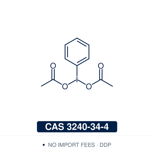 Chemical structure of PIDA ((diacetoxyiodo)benzene, phenyliodine(III) diacetate), CAS 3240-34-4, ≥97% — hypervalent λ³-iodane (C10H11IO4, 322.10) bearing two acetoxy groups on iodine. Used as a mild oxidant for alcohol and phenol oxidation, Hofmann-type rearrangements, α-functionalisation of ketones, and as the terminal oxidant in C–H amination and iodine(III) catalysis. Supplied by NorrChemica with DDP shipping. CoA and SDS provided.