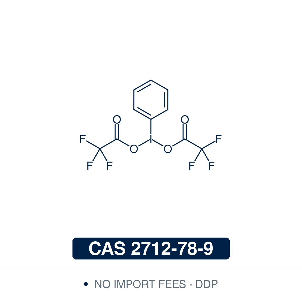 Chemical structure of PIFA (phenyliodine(III) bis(trifluoroacetate), [bis(trifluoroacetoxy)iodo]benzene), CAS 2712-78-9, ≥97% — hypervalent λ³-iodane (C10H5F6IO4, 430.04) whose two electron-poor trifluoroacetoxy ligands make it a stronger oxidant than PIDA. Used for oxidative dearomatisation of phenols, intramolecular biaryl coupling of electron-rich arenes, Hofmann-type rearrangements and single-electron oxidations. Supplied by NorrChemica with DDP shipping. CoA and SDS provided.