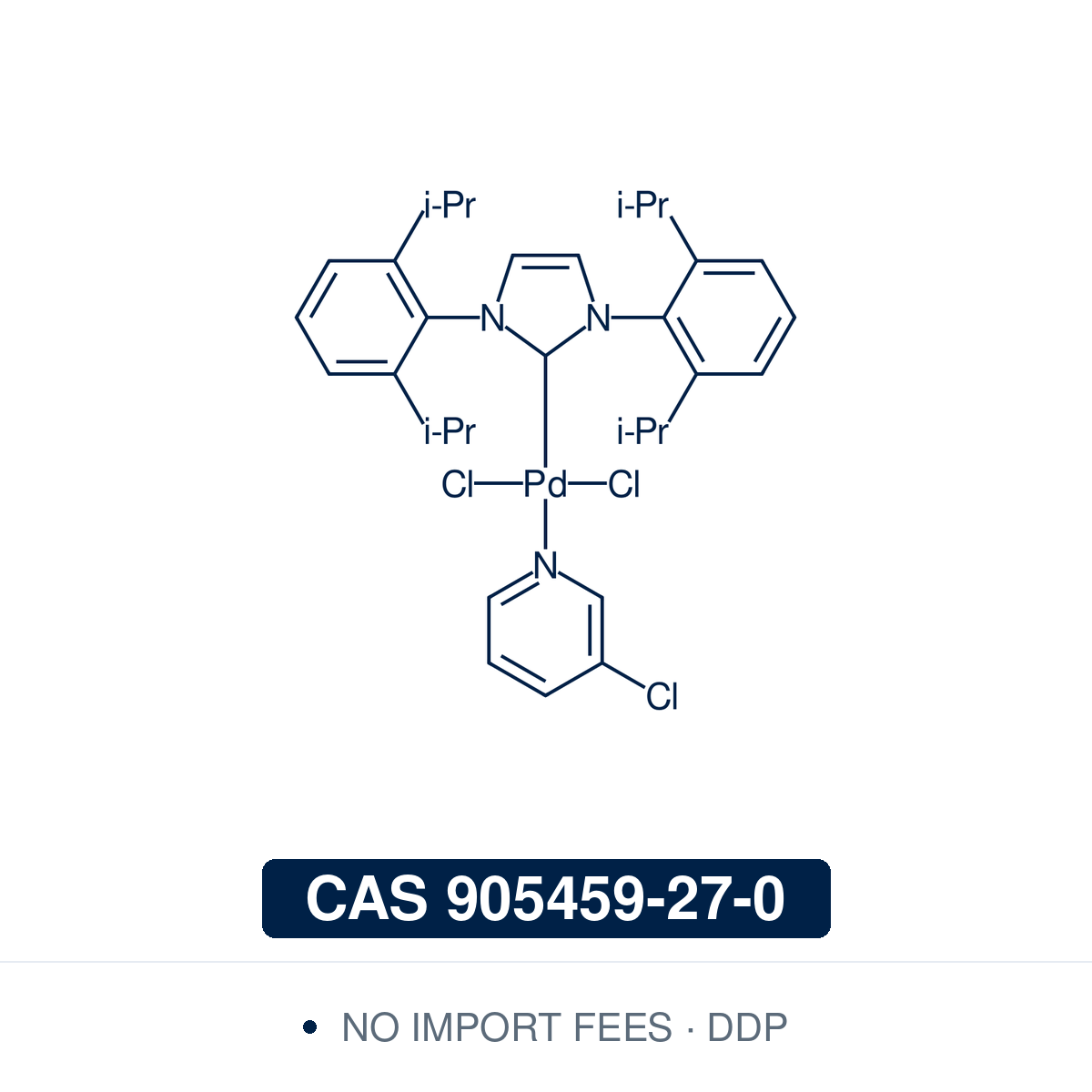 Chemical structure of Pd-PEPPSI-IPr ([1,3-bis(2,6-diisopropylphenyl)imidazol-2-ylidene](3-chloropyridyl)palladium(II) dichloride, C₃₂H₄₀Cl₃N₃Pd), CAS 905459-27-0, ≥98% — air-stable palladium(II) N-heterocyclic carbene (NHC) precatalyst that can be weighed in air. Used for Suzuki–Miyaura, Negishi and Kumada–Tamao–Corriu cross-couplings and for Buchwald–Hartwig amination of aryl and heteroaryl chlorides and bromides. Supplied by NorrChemica with DDP shipping. CoA and SDS provided.