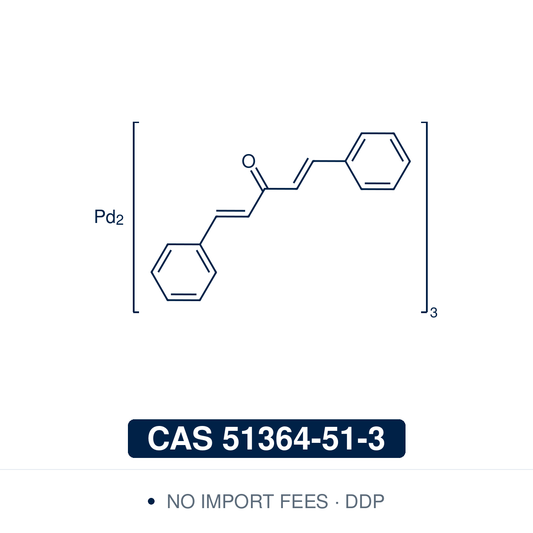 Chemical structure of Pd2(dba)3 (tris(dibenzylideneacetone)dipalladium(0)), CAS 51364-51-3, ≥98% — a Pd(0) source in which three dibenzylideneacetone ligands bridge two palladium centres through their alkene bonds, used as pre-catalyst for Suzuki-Miyaura, Heck, Stille, Negishi and Buchwald-Hartwig couplings and Tsuji-Trost allylation. Supplied by NorrChemica with DDP shipping. CoA and SDS provided.