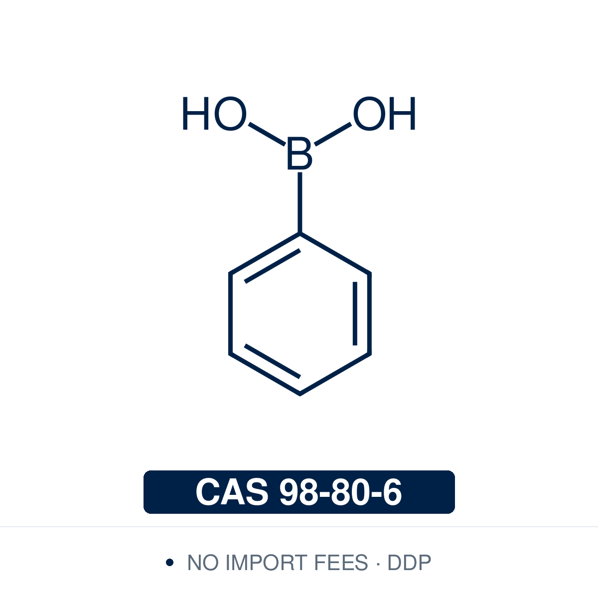 Chemical structure of Phenylboronic Acid, CAS 98-80-6, ≥98% — parent unsubstituted arylboronic acid used in Pd-catalysed Suzuki-Miyaura coupling, Cu Chan-Lam C–N/C–O coupling, Rh/Ni conjugate additions, and photoredox arylation in pharma/materials synthesis. Supplied by NorrChemica with DDP shipping. CoA and SDS provided.