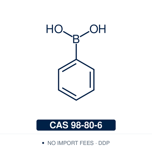 Chemical structure of Phenylboronic Acid, CAS 98-80-6, ≥98% — parent unsubstituted arylboronic acid used in Pd-catalysed Suzuki-Miyaura coupling, Cu Chan-Lam C–N/C–O coupling, Rh/Ni conjugate additions, and photoredox arylation in pharma/materials synthesis. Supplied by NorrChemica with DDP shipping. CoA and SDS provided.