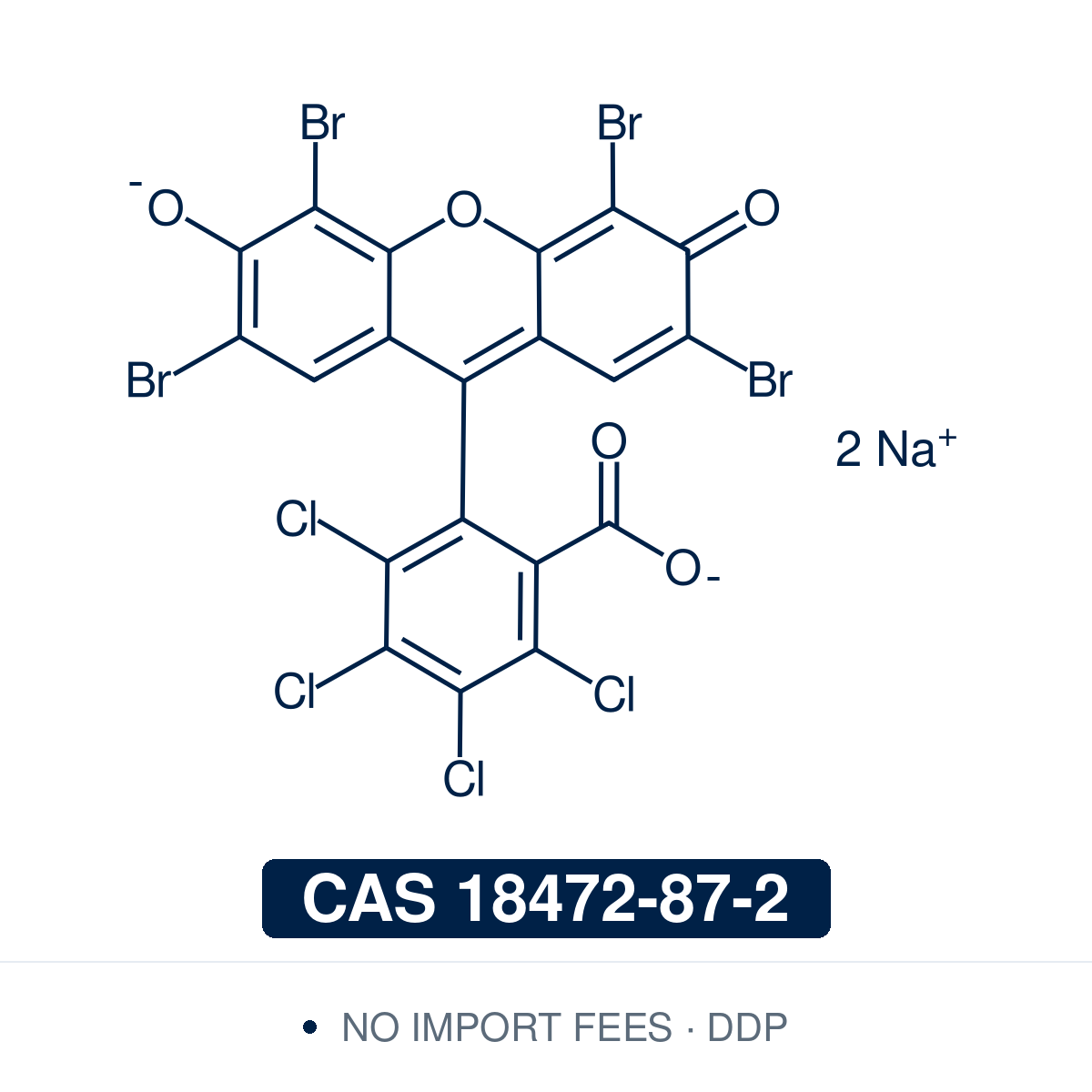 Chemical structure of Phloxine B, CAS 18472-87-2, ≥90% dye content — tetrabromo-tetrachloro halogenated xanthene dye (C.I. 45410 / Acid Red 92) with red-pink emission and singlet oxygen generation used as a research-grade fluorochrome for histological counterstaining as an eosin alternative, photodynamic photosensitizer in antimicrobial photoinactivation research, fluorescence microscopy, and oxidative stress in cell biology. Supplied by NorrChemica with DDP shipping. CoA and SDS provided.