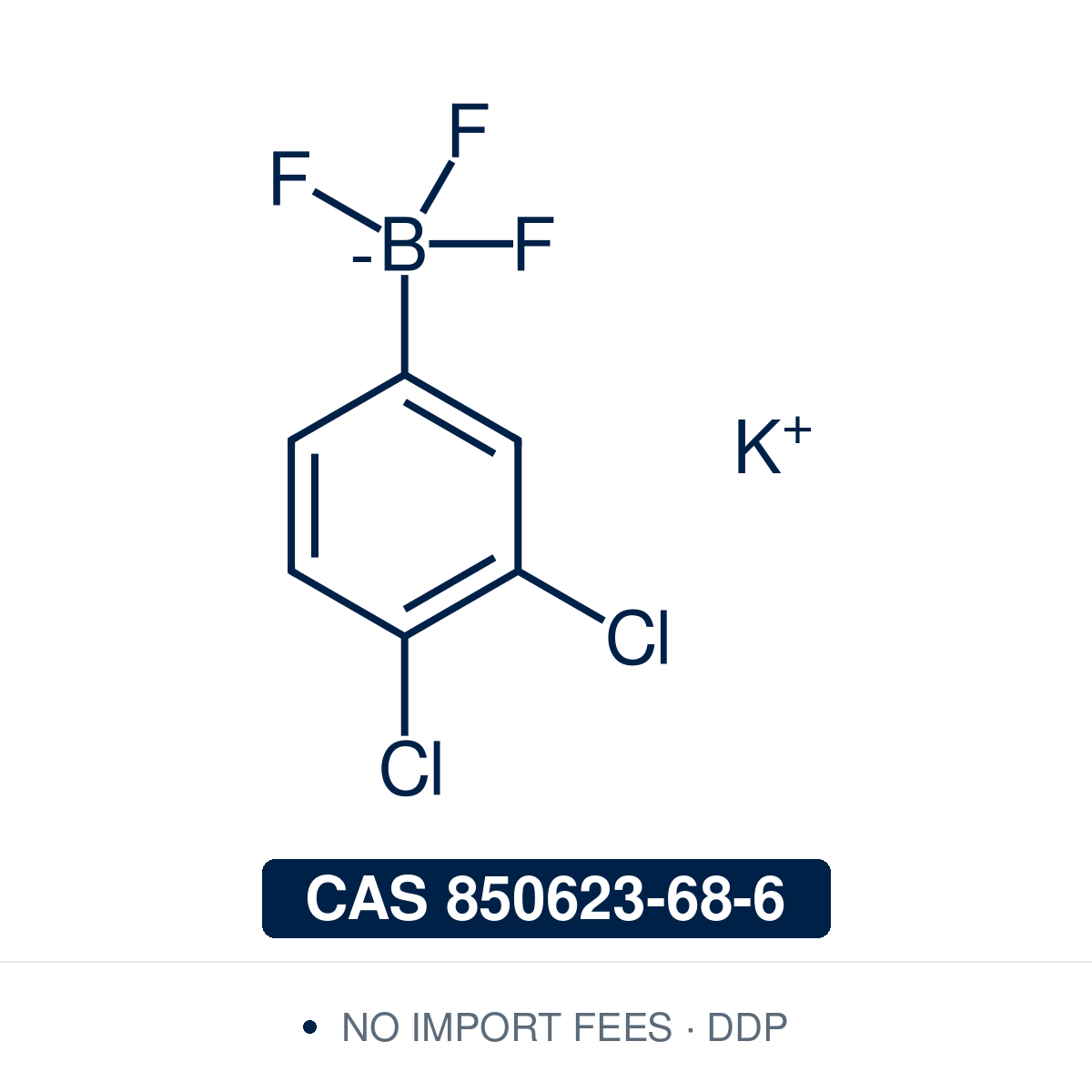 Chemical structure of Potassium (3,4-Dichlorophenyl)trifluoroborate, CAS 850623-68-6, ≥98% — bench-stable, air-tolerant aryltrifluoroborate (Molander reagent) and boronic-acid surrogate for Suzuki–Miyaura coupling of electron-poor substrates without protodeboronation, and photoredox/Ni dual-catalysis cross-coupling toward 3,4-dichlorophenyl pharma and agrochem building blocks. Supplied by NorrChemica with DDP shipping. CoA and SDS provided.