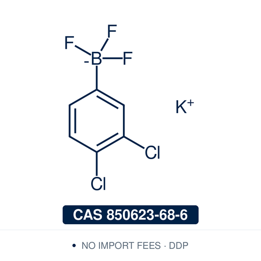 Chemical structure of Potassium (3,4-Dichlorophenyl)trifluoroborate, CAS 850623-68-6, ≥98% — bench-stable, air-tolerant aryltrifluoroborate (Molander reagent) and boronic-acid surrogate for Suzuki–Miyaura coupling of electron-poor substrates without protodeboronation, and photoredox/Ni dual-catalysis cross-coupling toward 3,4-dichlorophenyl pharma and agrochem building blocks. Supplied by NorrChemica with DDP shipping. CoA and SDS provided.