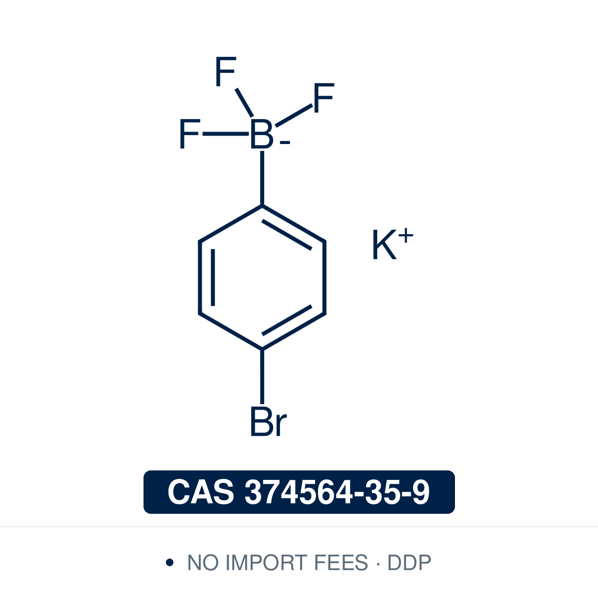 Chemical structure of Potassium 4-bromophenyltrifluoroborate, CAS 374564-35-9, ≥97% — bench-stable bifunctional para-bromo aryl trifluoroborate (Molander reagent) and air-tolerant 4-bromophenylboronic acid alternative used for chemoselective Suzuki-Miyaura coupling at the boronate, photoredox/Ni dual-catalysis cross-coupling, and sequential coupling at the orthogonal C–Br handle for unsymmetrical biaryls, terphenyls, and conjugated polymer monomers. Supplied by NorrChemica with DDP shipping. CoA and SDS.