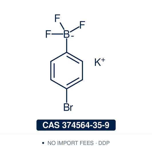 Chemical structure of Potassium 4-bromophenyltrifluoroborate, CAS 374564-35-9, ≥97% — bench-stable bifunctional para-bromo aryl trifluoroborate (Molander reagent) and air-tolerant 4-bromophenylboronic acid alternative used for chemoselective Suzuki-Miyaura coupling at the boronate, photoredox/Ni dual-catalysis cross-coupling, and sequential coupling at the orthogonal C–Br handle for unsymmetrical biaryls, terphenyls, and conjugated polymer monomers. Supplied by NorrChemica with DDP shipping. CoA and SDS.