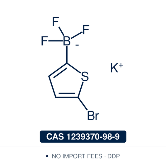 Chemical structure of Potassium (5-Bromothiophen-2-yl)trifluoroborate, CAS 1239370-98-9, ≥98% — bench-stable organotrifluoroborate salt used in Pd-catalysed Suzuki-Miyaura coupling as a moisture- and air-tolerant alternative to thiophene-2-boronic acid, with the 5-bromo handle providing orthogonal reactivity for sequential coupling toward 2,5-disubstituted thiophenes in pharma, agrochem, and π-conjugated materials synthesis. Supplied by NorrChemica with DDP shipping. CoA and SDS provided.