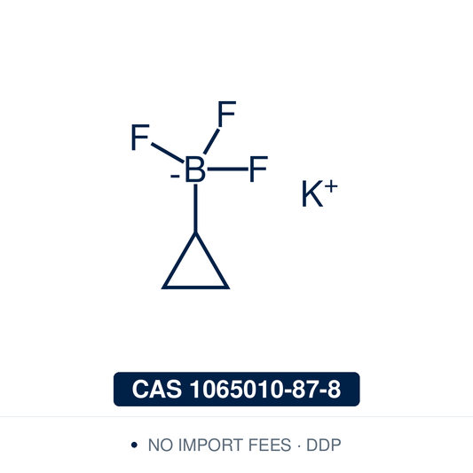 Chemical structure of Potassium Cyclopropyltrifluoroborate, CAS 1065010-87-8, ≥98% — bench-stable alkyl organotrifluoroborate salt used in Pd-catalysed cyclopropylation of aryl and heteroaryl halides and in photoredox/Ni dual-catalysed sp²–sp³ cross-coupling, providing access to cyclopropyl-functionalised arenes valued as bioisosteres in medicinal chemistry for tuning lipophilicity, metabolic stability, and conformational restriction. Supplied by NorrChemica with DDP shipping. CoA and SDS provided.
