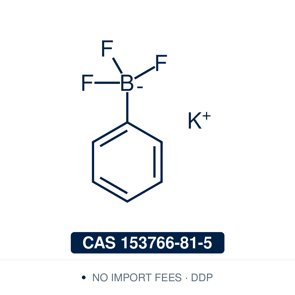 Chemical structure of Potassium phenyltrifluoroborate, CAS 153766-81-5, ≥97% — bench-stable aryl trifluoroborate (Molander reagent) and air- and moisture-tolerant alternative to phenylboronic acid used for clean Pd-catalysed Suzuki-Miyaura coupling without protodeboronation, photoredox/Ni dual-catalysis sp²-sp³ cross-coupling, late-stage functionalization in medicinal chemistry, and process-scale aryl group transfer in pharma and materials synthesis. Supplied by NorrChemica with DDP shipping. CoA and SDS.