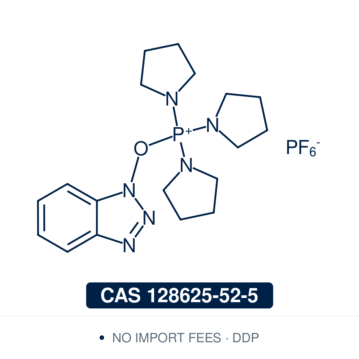 Chemical structure of PyBOP, CAS 128625-52-5, ≥98% — benzotriazol-1-yloxy tripyrrolidinophosphonium hexafluorophosphate peptide coupling reagent providing a phosphonium-mediated alternative to aminium-type HBTU and HATU activation, avoiding guanidinium capping side reactions in long peptide sequences, sterically hindered and N-methylated amino acid couplings, and macrocyclization in solid-phase peptide synthesis (SPPS) and bioconjugation. Supplied by NorrChemica with DDP shipping. CoA and SDS provided.