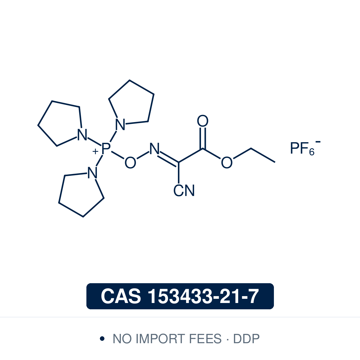 Chemical structure of PyOxim, CAS 153433-21-7, ≥95% — third-generation Oxyma-based tripyrrolidinophosphonium hexafluorophosphate peptide coupling reagent combining phosphonium-mediated activation with non-explosive Oxyma-derived byproducts for low-racemization couplings of sterically hindered and N-methylated amino acids in long peptide sequences, macrocyclization, green-solvent SPPS, and bioconjugation. Supplied by NorrChemica with DDP shipping. CoA and SDS provided.