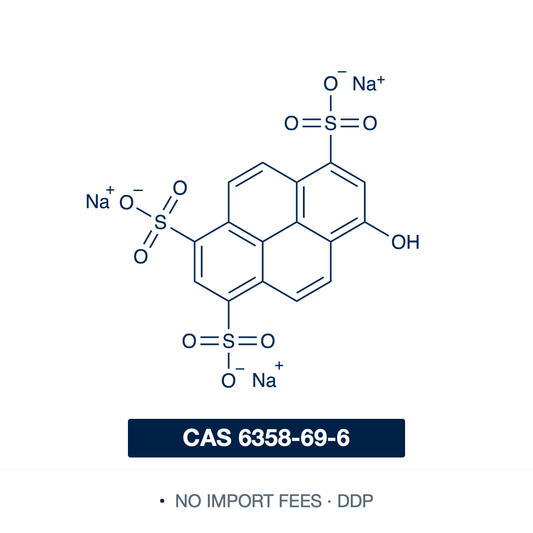 Chemical structure of Pyranine (8-Hydroxypyrene-1,3,6-trisulfonic acid trisodium salt), CAS 6358-69-6, ≥85% dye content — water-soluble, pH-sensitive fluorescent tracer widely used as a ratiometric pH probe in cell biology, in hydrological flow studies, and as a fluorescent marker in food and cosmetic applications. Supplied by NorrChemica with DDP shipping. CoA and SDS provided.​​​​​​​​​​​​​​​​