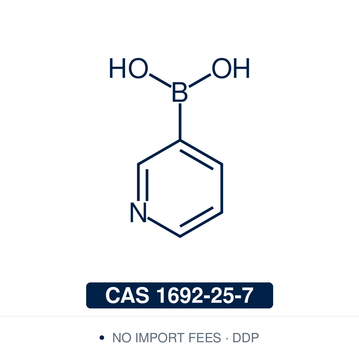 Chemical structure of Pyridin-3-ylboronic Acid, CAS 1692-25-7, ≥95% — heteroaromatic pyridine-3 boronic acid used in Pd-catalysed Suzuki-Miyaura coupling, Cu Chan-Lam C–N/C–O coupling, Rh/Ni conjugate additions, and photoredox arylation in pharma/materials synthesis, with the 3-pyridyl scaffold privileged in medicinal chemistry, kinase inhibitor design, GPCR ligands, and agrochemical research. Supplied by NorrChemica with DDP shipping. CoA and SDS provided.