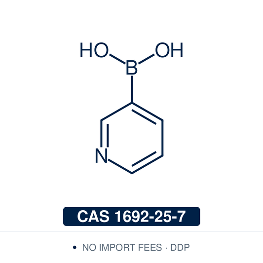 Chemical structure of Pyridin-3-ylboronic Acid, CAS 1692-25-7, ≥95% — heteroaromatic pyridine-3 boronic acid used in Pd-catalysed Suzuki-Miyaura coupling, Cu Chan-Lam C–N/C–O coupling, Rh/Ni conjugate additions, and photoredox arylation in pharma/materials synthesis, with the 3-pyridyl scaffold privileged in medicinal chemistry, kinase inhibitor design, GPCR ligands, and agrochemical research. Supplied by NorrChemica with DDP shipping. CoA and SDS provided.