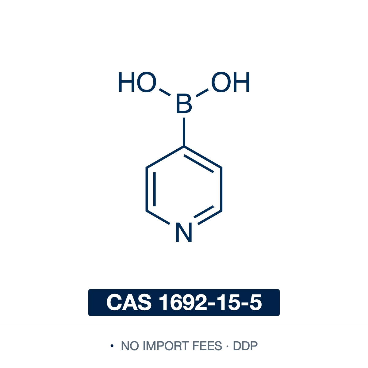Chemical structure of Pyridin-4-ylboronic Acid (4-pyridylboronic acid), CAS 1692-15-5, ≥95% — heteroarylboronic acid with a –B(OH)2 group at pyridine's 4-position (C5H6BNO2; the free boronic acid, may contain some cyclic anhydride/boroxine). A Suzuki–Miyaura cross-coupling partner for introducing a 4-pyridyl group in pharma, agrochemical and materials synthesis, and a building block in crystal engineering and metal coordination. Supplied by NorrChemica with DDP shipping. CoA and SDS provided.